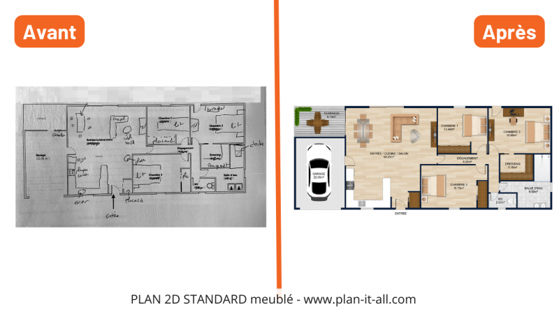 Plan 2D maison meuble et voiture