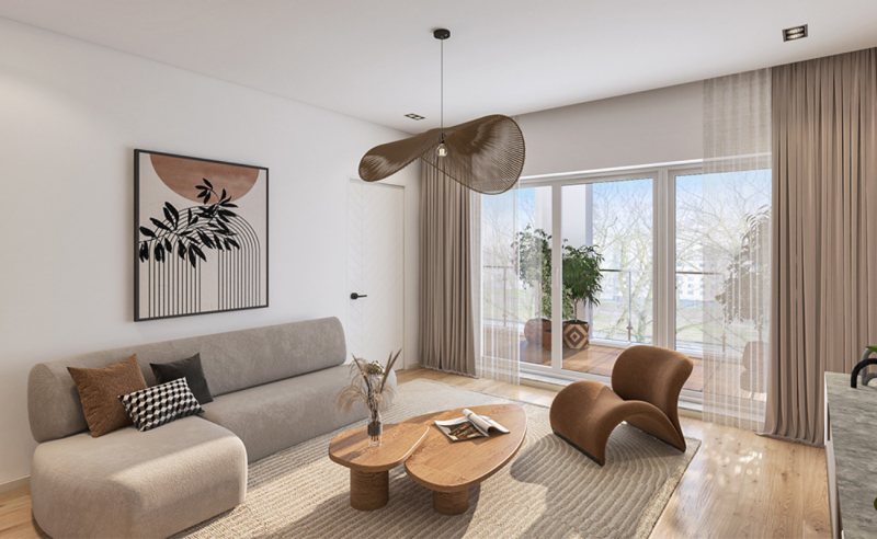 Rendu 3D photo-réaliste d'un salon moderne et lumineux pour un projet de vente sur plan VEFA.