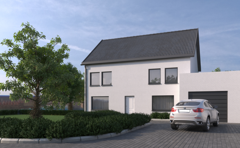 Projection 3D architecturale d'une maison contemporaine neuve avec terrasse et jardin.
